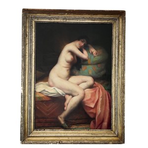 ANONIMO, The painting depicts a nude woman sitting on a bench