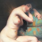 ANONIMO, The painting depicts a nude woman sitting on a bench