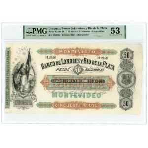 Uruguay 50 Pesos = 5 Doblones 1872 Reminder PMG 53 About Uncirculated