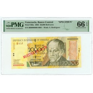 Venezuela 20000 Bolivares 2002 Specimen PMG 66 EPQ Gem UNC