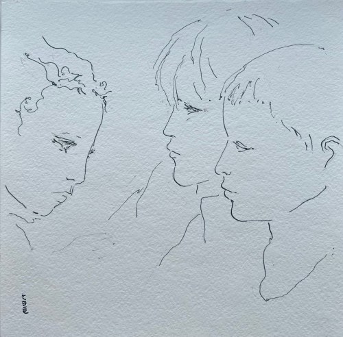 Katarzyna Haber, Dzieci, rysunek piórkiem i tuszem na papierze, 23x23 cm, 2022