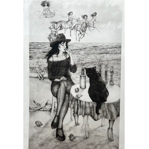 Anna Janusz-Strzyż (1968), Przyjęcie w towarzystwie uczuć i zmysłów, sucha igła, A.P. 98x67cm, 2001