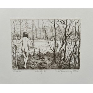 Anna Janusz-Strzyż, Schadzka, sucha igła, A.P. 34x23cm, 2001 r.