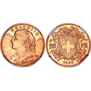 Switzerland 20 Francs 1922 B NGC MS65