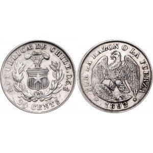 Chile 20 Centavos 1892 So Overdate