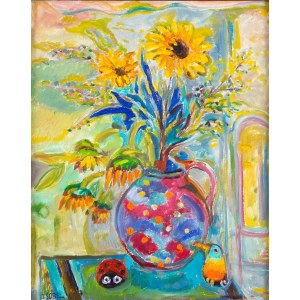 Judyta Sobel (1924 Lviv - 2012 New York), Sonnenblumen in einer Vase mit einem Vogel und einem Marienkäfer