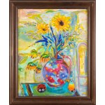 Judyta Sobel (1924 Lviv - 2012 New York), Sunflowers in a vase with a bird and a ladybug