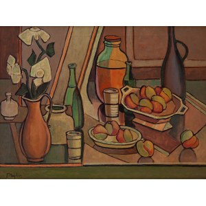Frederick Hayder (1905 Przemyśl - 1990), Marta natura with flowers in a vase and fruit.