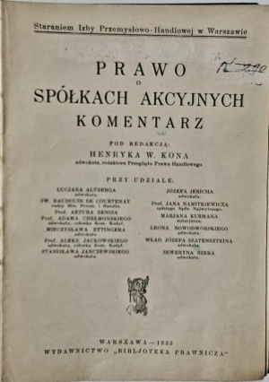 Kon W. Henry, Law on joint-stock companies. Commentary, Law Library Publishing House, Warsaw 1933,