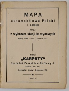 Autokarte von Polen 1 : 2 000 000 zusammen mit einem Verzeichnis der Tankstellen der Firma 'Karpaty' Nakł. Karpaty Sp. z o.o., Lwów [1933].