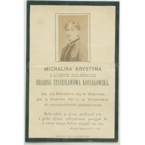 Feu Michalina Krystyna née Lubicz-Zaleska hr. KOSSAKOWSKA +15 août 1890 à Varsovie, demande de prières à l'intention de la défunte,