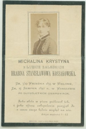 La defunta Michalina Krystyna nata Lubicz-Zaleska hr. KOSSAKOWSKA +15 agosto 1890 a Varsavia, chiede preghiere per l'intenzione della defunta,