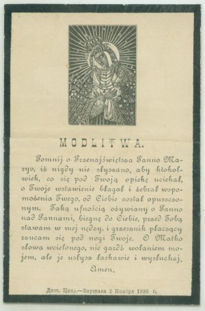 Feu Michalina Krystyna née Lubicz-Zaleska hr. KOSSAKOWSKA +15 août 1890 à Varsovie, demande de prières à l'intention de la défunte,