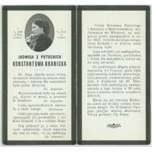 La defunta Jadwiga Konstantowa BRANICKA, nata Potocka +9 dicembre 1916 a Ujlak, stampa commemorativa
