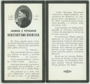 ś.p. Jadwiga z Potockich Konstantowa BRANICKA +9 grudnia 1916 w Ujlaku, druk memoratywny