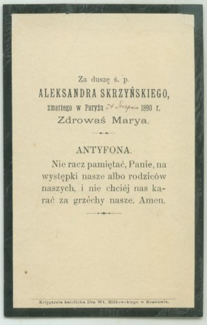 Zesnulý Aleksander SKRZYŃSKI + 24. srpna 1890 v Paříži, prosba o modlitby za zesnulého