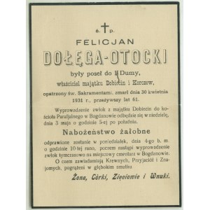 Zosnulý Felicjan DOŁĘGA-OTOCKI +30. apríla 1931 v Dobiecine, oznámenie o prevoze pozostatkov z Dobiecinského panstva