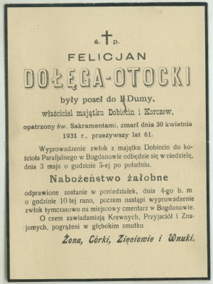 Zesnulý Felicjan DOŁĘGA-OTOCKI +30. dubna 1931 v Dobiecinu, oznámení o převozu ostatků z dobiecinského panství