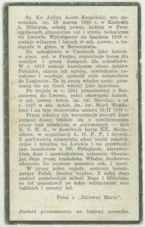 The late Rev. Prof. Julian KNOPIŃSKI + February 1939 Lviv, memorial printing
