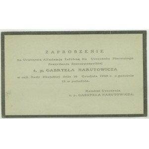 The late Gabryel NARUTOWICZ +16 December 1922 in Warsaw, invitation to the Solemn Funeral Academy