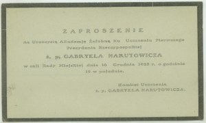 ś.p. Gabryel NARUTOWICZ +16 grudnia 1922 w Warszawie, zaproszenie na Uroczystą Akademję Żałobną