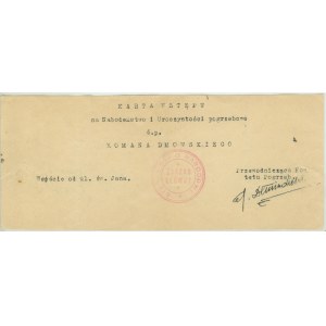 The late Roman DMOWSKI + January 2, 1939 in Drozdowo, Admission card for the Funeral Service and Ceremonies