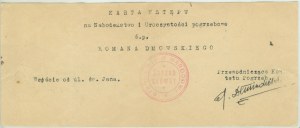 ś.p. Roman DMOWSKI + 2 stycznia 1939 w Drozdowie, Karta wstępu na Nabożeństwo i Uroczystości pogrzebowe
