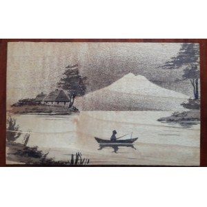 Paysage avec lac et montagne, carte postale sur contreplaqué.
