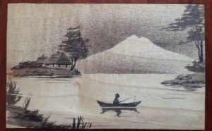 Landscape with a lake and a mountain.Postcard on plywood.
