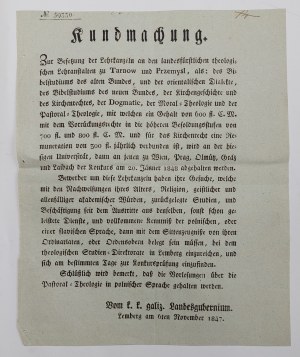 [Galicie] 1847, Oznámení o kandidátech na učitele na školách v Tarnově a Przemyślu.