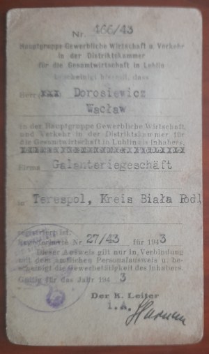 Povolenie na obchodovanie s galantériou vydané na meno Dorosiewicz Waclaw Terespol.