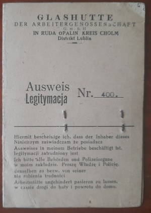 Ausweis Legitymacja nr 400 na nazwisko Niewęgłowski Bronisław