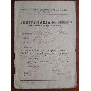 Legitymacja nr 15229 Pomocy Lekarskiej Akademickiej m.st. Warszawy