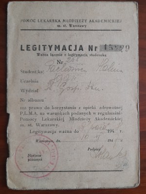 Legitymacja nr 15229 Pomocy Lekarskiej Akademickiej m.st. Warszawy