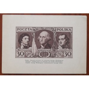 Reproduktion einer Briefmarke mit den Figuren von J. Washington, Kosciuszko und Pulaski