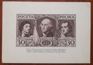 Riproduzione di un francobollo con le figure di J. Washington, Kosciuszko e Pulaski