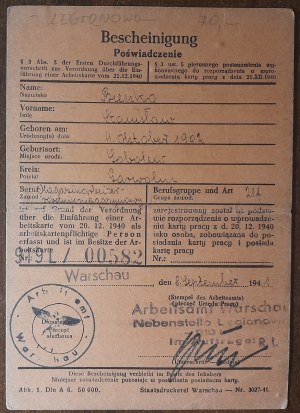 Certificate of the labor office in the name of Bieńko Stanislaw