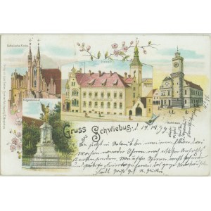 Świebodzin - Schwiebus, Kirche, Postamt, Rathaus, kriegerdenkmal, Ver. Louis Raetzer,