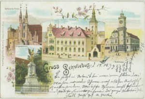 Świebodzin - Schwiebus, Kirche, Postamt, Rathaus, kriegerdenkmal, Ver. Louis Raetzer,