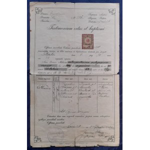 Łańcut.Baptismal certificate from 1889.