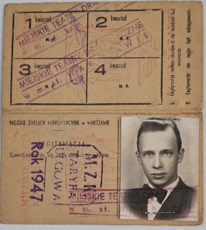 Preukaz oprávňujúci na zľavu v mestskej doprave pre Klejna Jerzyho, herca Mestského činoherného divadla vo Varšave, na rok 1947