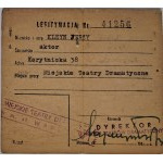 Legitymacja upoważniająca do ulgi na komunikację miejską dla Kleyn Jerzego, aktora Miejskich Teatrów Dramatycznych w Warszawie na rok 1947