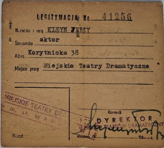 Tessera che autorizza uno sconto sui trasporti pubblici per Kleyn Jerzy, attore del Teatro Drammatico Municipale di Varsavia per l'anno 1947