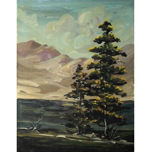Eugeniusz GERLACH (ur. 1941), Pejzaż z drzewami na tle gór