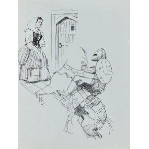 Ludwik MACIĄG (1920-2007), Skizze eines Ritters zu Pferd und einer Frau vor dem Eingang eines Hauses