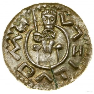 Denár, (pred 1085), Praha; Av: Sediaca postava s kopijou...