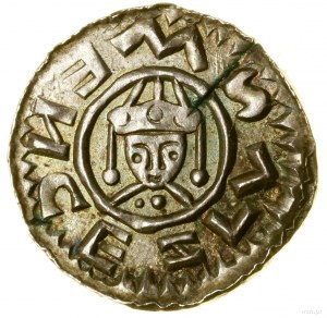 Denár, (pred 1085), Praha; Av: Sediaca postava s kopijou...