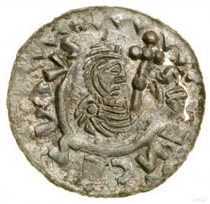 Denar, (1092-1100), Podivín alebo Brno; Av: Stojaca postava...