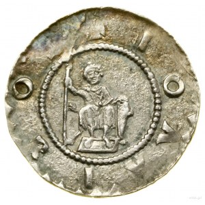 Denar, (1100-1107); Aw: Postać siedząca na wprost, trzy...