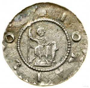 Denario, (1100-1107); Av: figura seduta di fronte, tre...
